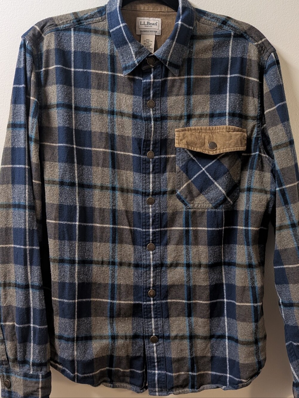 L.L. Bean Men's Blue Plaid Flannel Shirt with Corduroy Pocket Accent